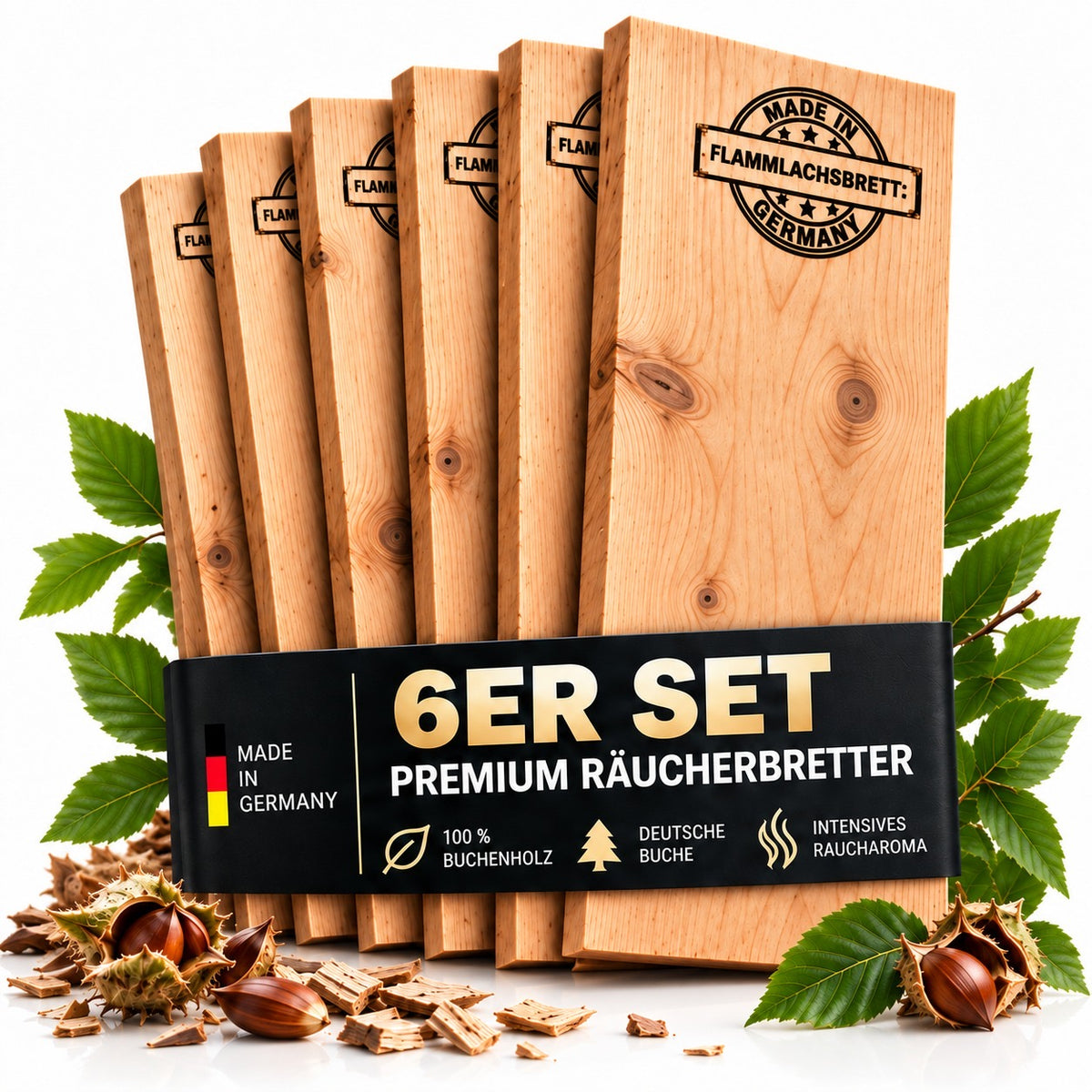 Räucherbrett Buche 6er Set - Grillplanken 30 x 14 x 2 cm - Made in Germany
